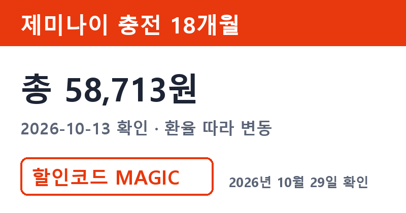 제미나이요금제 겜스고 제미나이 충전 18개월 총 58,713원 할인코드 MAGIC